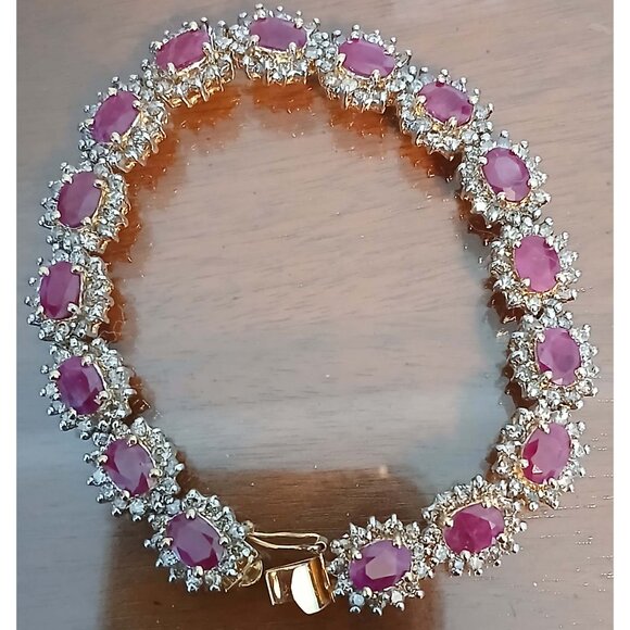 Natural Ruby & Diamond 14K Solid Yellow Gold over 14K Solid White Gold Bracelet - Picture 6 of 13